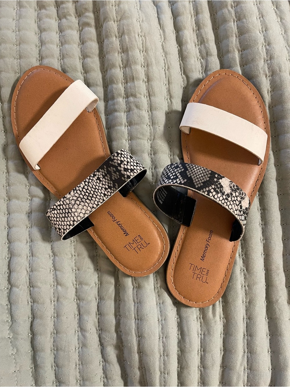 Time and Tru Cream and Snake-Print Double Band Slide Sandals